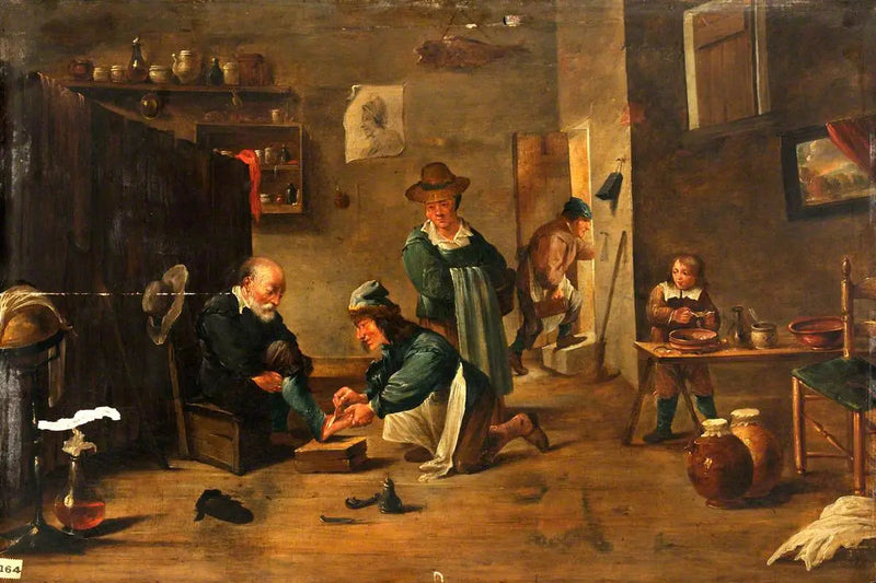 En kirurg behandlar en mans fot med gips - David Teniers den yngre