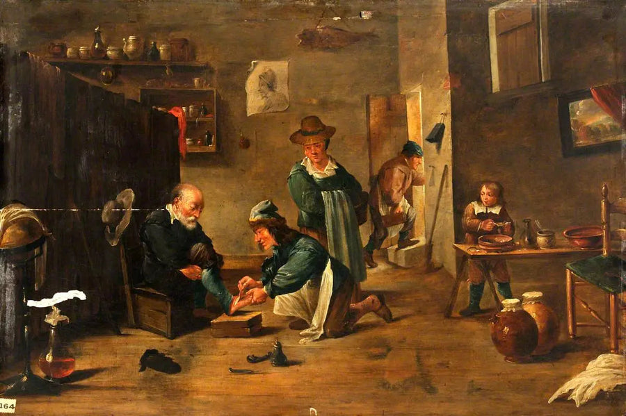 En kirurg behandlar en mans fot med gips - David Teniers den yngre