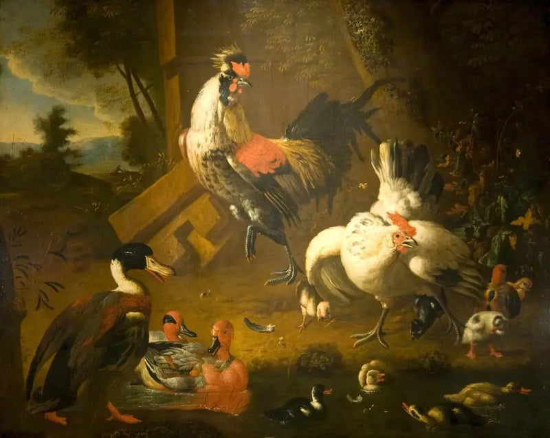 En tupp med en höna och tre ankor - Melchior de Hondecoeter