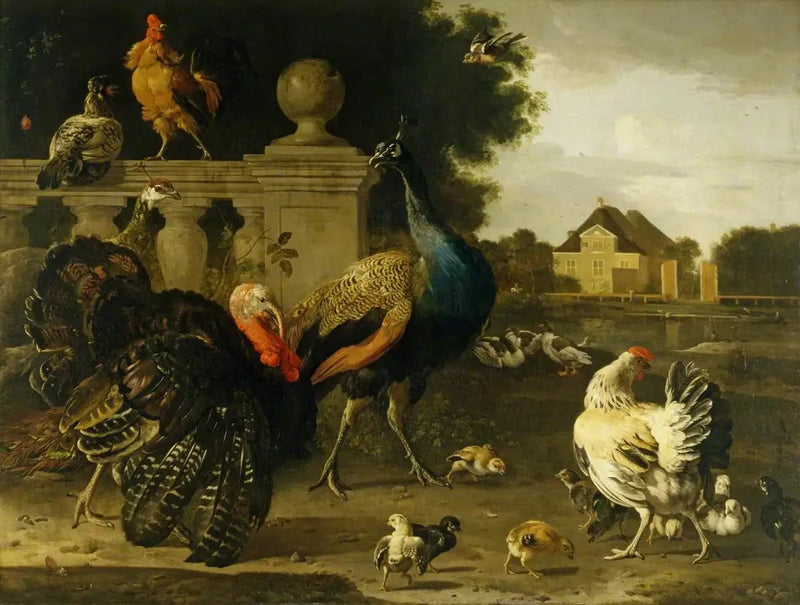 En kalkonhane och andra fåglar i en trädgård - Melchior de Hondecoeter