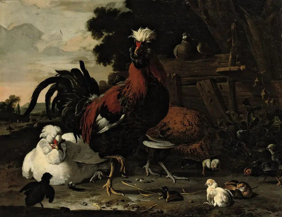 En tupp, hönor, kycklingar och en duva nära en trästaket i ett landskap - Melchior de Hondecoeter