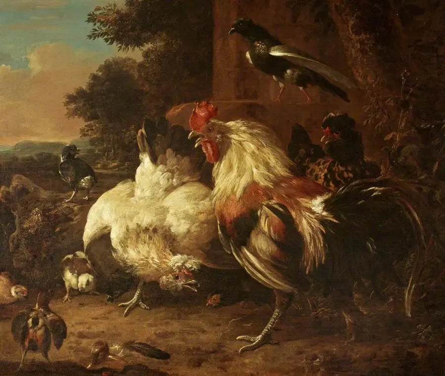 En tupp och två hönor, med kycklingar, i ett landskap - Melchior de Hondecoeter