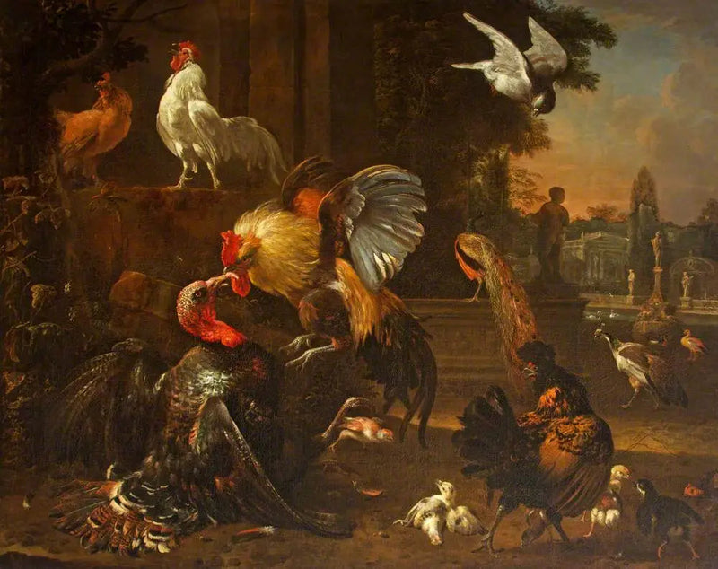 En tupp och en kalkon slåss, i en park, med andra fåglar - Melchior de Hondecoeter