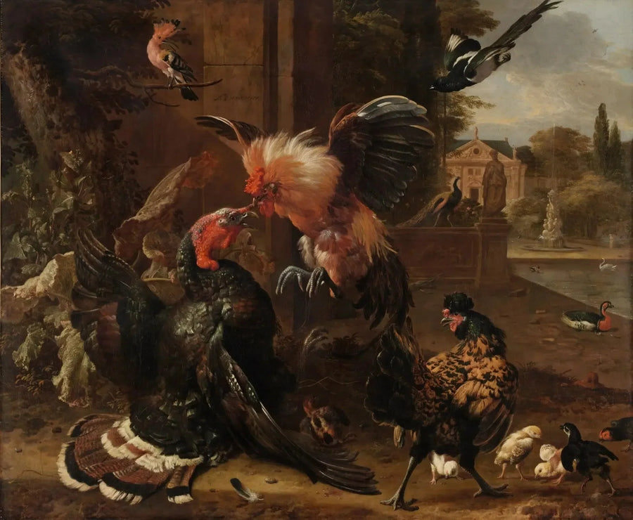 En tupp och en kalkon slåss - Melchior de Hondecoeter