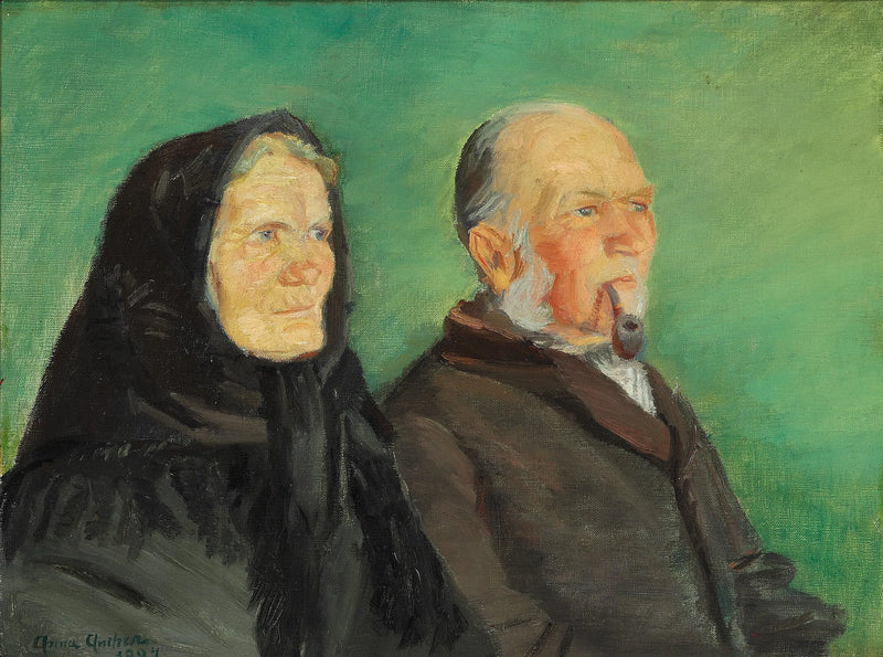 Ett par från Skagen som firar sin guldbryllopsdag, mot en grönskande bakgrund. - Anna Ancher