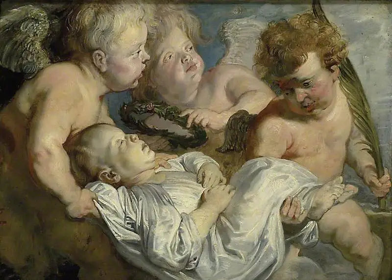 Ett dött barn som bärs till himlen av änglar - Peter Paul Rubens