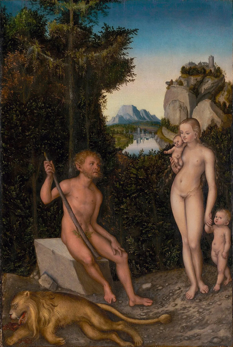 En faun och hans familj med en död lejon - Lucas Cranach den äldre