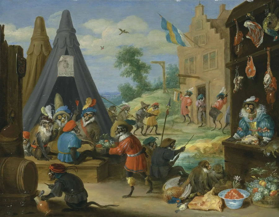 En apa-festival (apor klädda som soldater i en läger nära en stad) - David Teniers den yngre