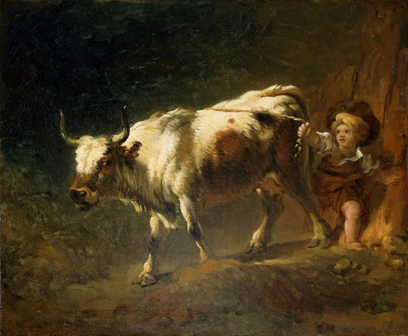 En pojke försöker hålla fast en ko med ett rep - Jean-Honoré Fragonard