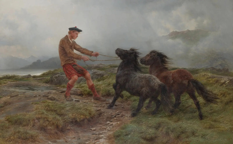 En ghillie och två Shetlandponnyer i ett dimmigt landskap - Rosa Bonheur