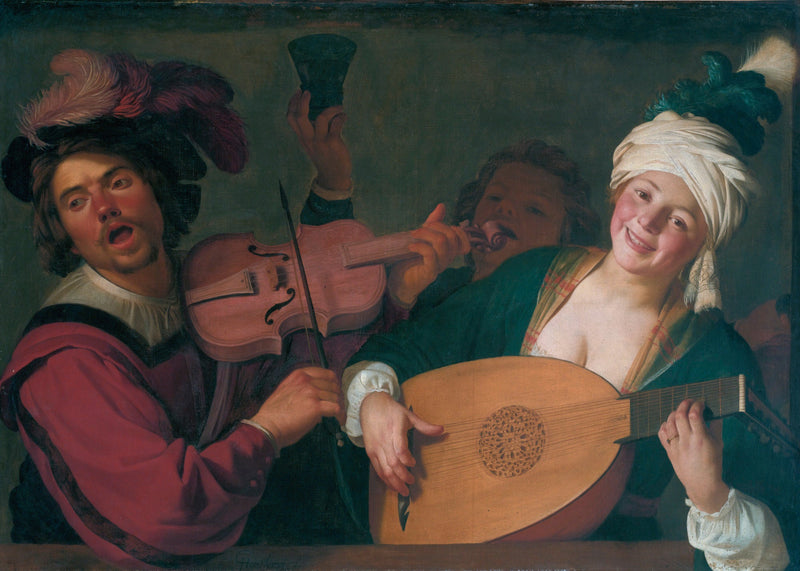 Ett glatt gäng bakom en balustrad med en violin och en lutspelare - Gerrit van Honthorst