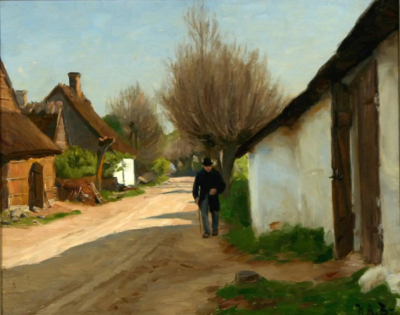 En äldre man promenerar i byn. - H. A. Brendekilde