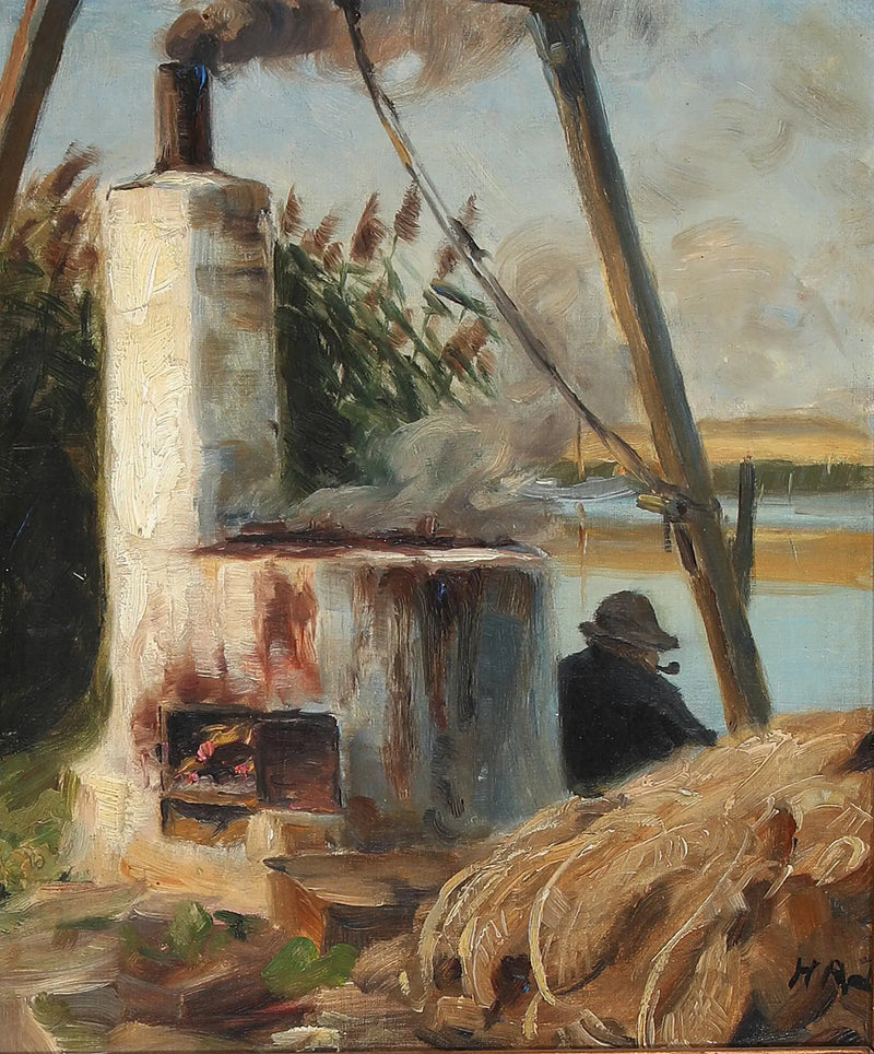 En man som sitter framför den rykande ugnen. - H. A. Brendekilde