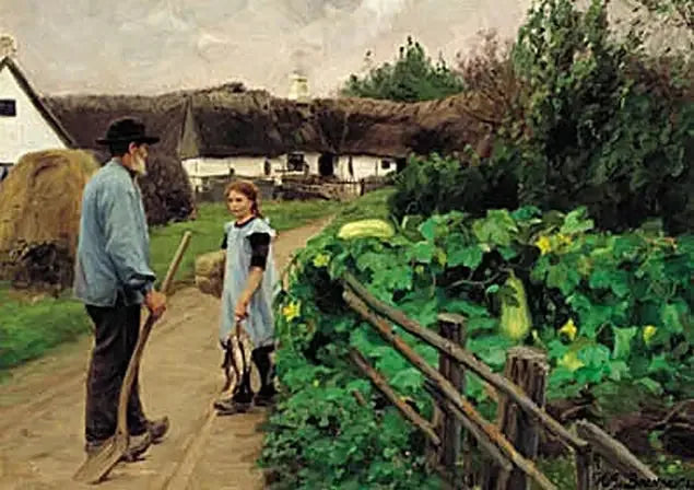 En man och en flicka pratar på en väg. - H. A. Brendekilde