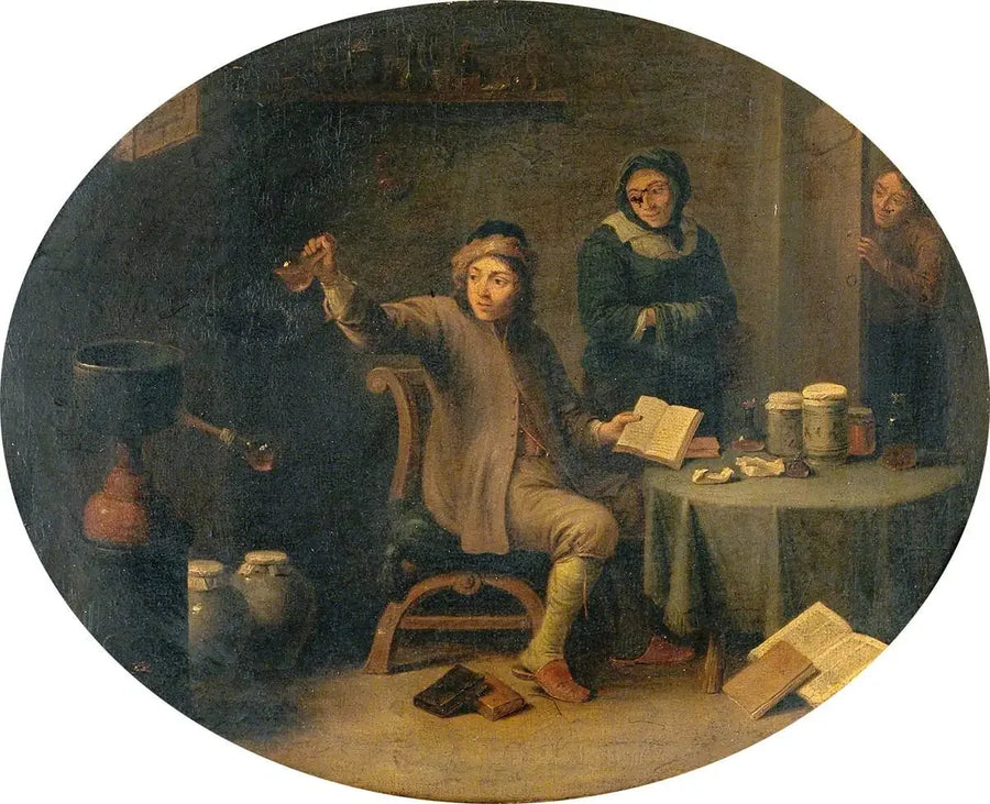 En man som undersöker en urinflaska - David Teniers den yngre