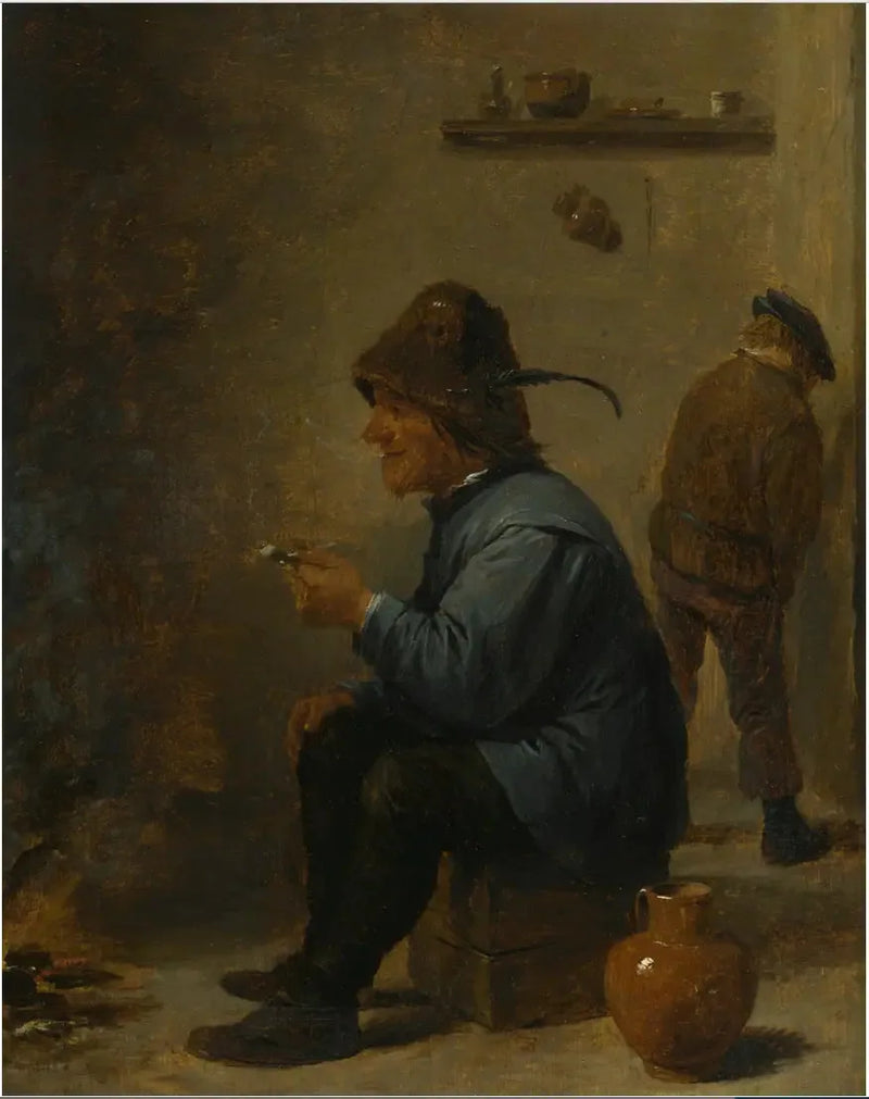 En man som håller en pipa sitter framför en eld i en värdshus, en man som kissar i ett hörn - David Teniers den yngre