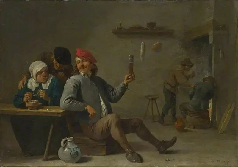 En man som håller ett glas och en gammal kvinna som tänder en pipa - David Teniers den yngre