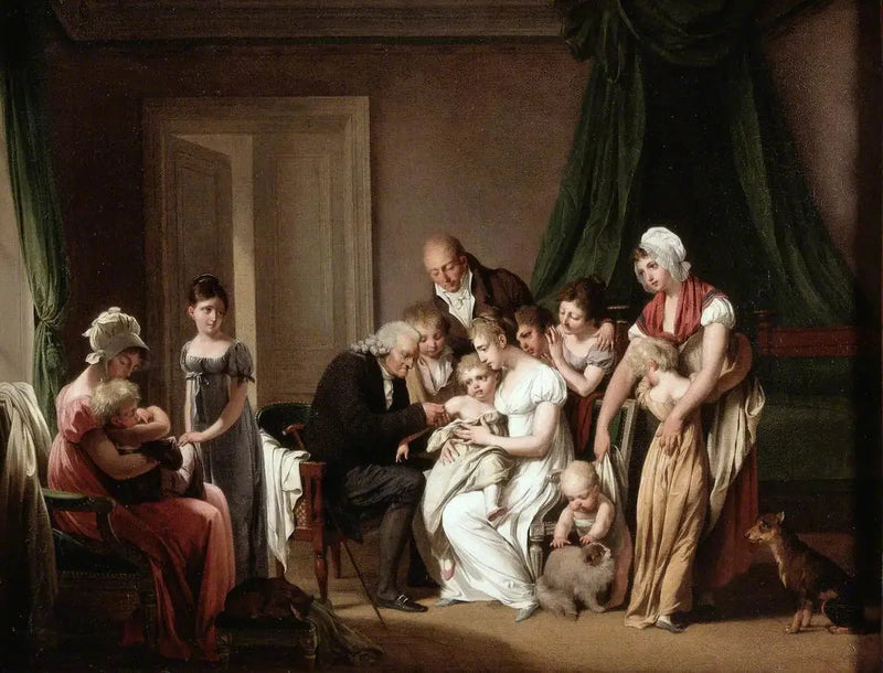 En man vaccinerar ett litet barn som hålls av sin mamma, under betraktelse av andra familjemedlemmar - Louis-Leopold Boilly