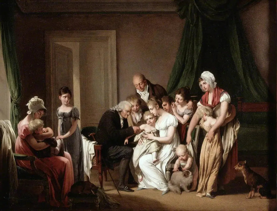 En man vaccinerar ett litet barn som hålls av sin mamma, under betraktelse av andra familjemedlemmar - Louis-Leopold Boilly