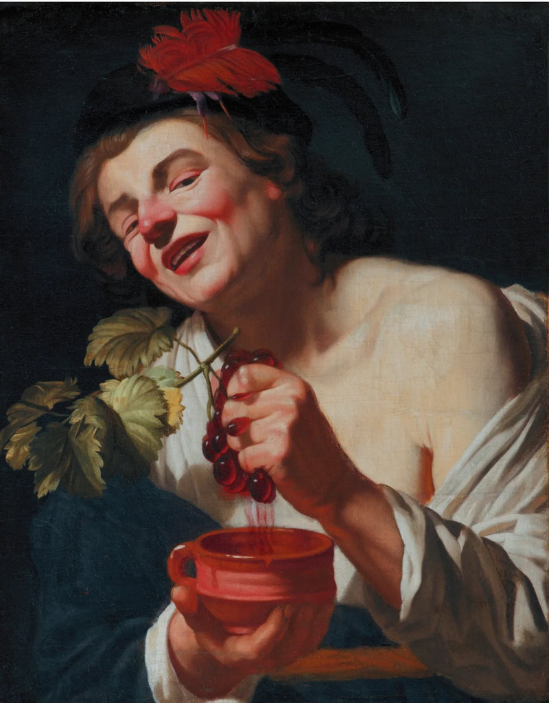 En ung man som pressar druvor i en skål (en allegori om smak?) - Gerrit van Honthorst