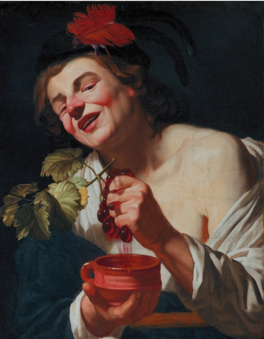 En ung man som pressar druvor i en skål (en allegori om smak?) - Gerrit van Honthorst
