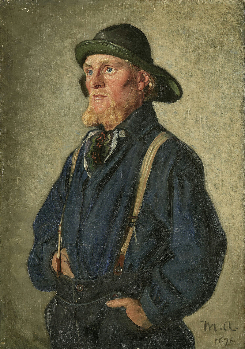 En ung fiskare stående, iklädd en grön regnjacka. - Michael Peter Ancher