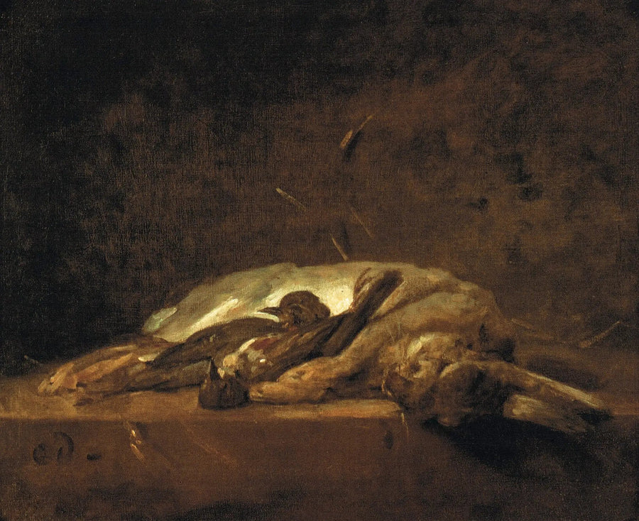 En kanin, två döda törnar och några strån av halm på ett stenbord - Jean Simeón Chardin