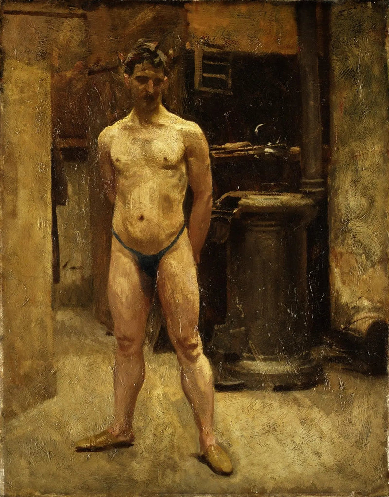 En manlig modell som står framför en spis - John Singer Sargent