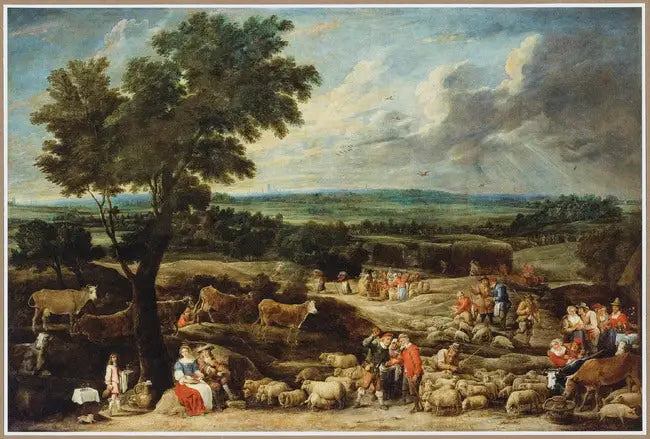 En boskapsmarknad i ett vidsträckt landskap med Antwerpen i fjärran - David Teniers den yngre