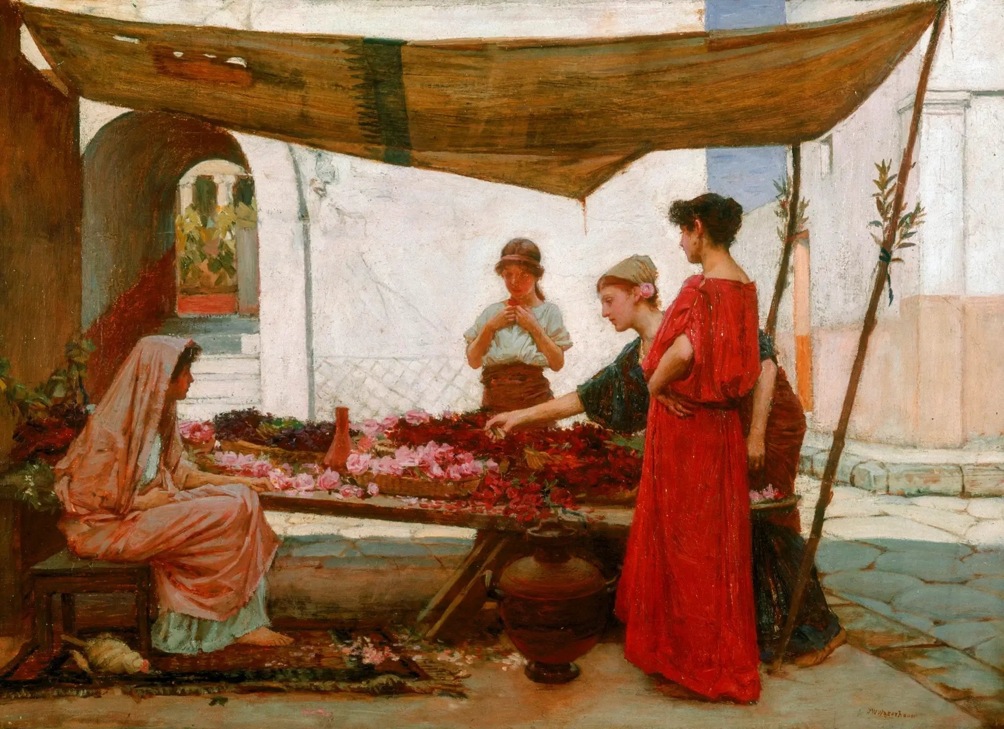 Un marché aux fleurs grec - John William Waterhouse image 1 reproduction artisanale de tableau