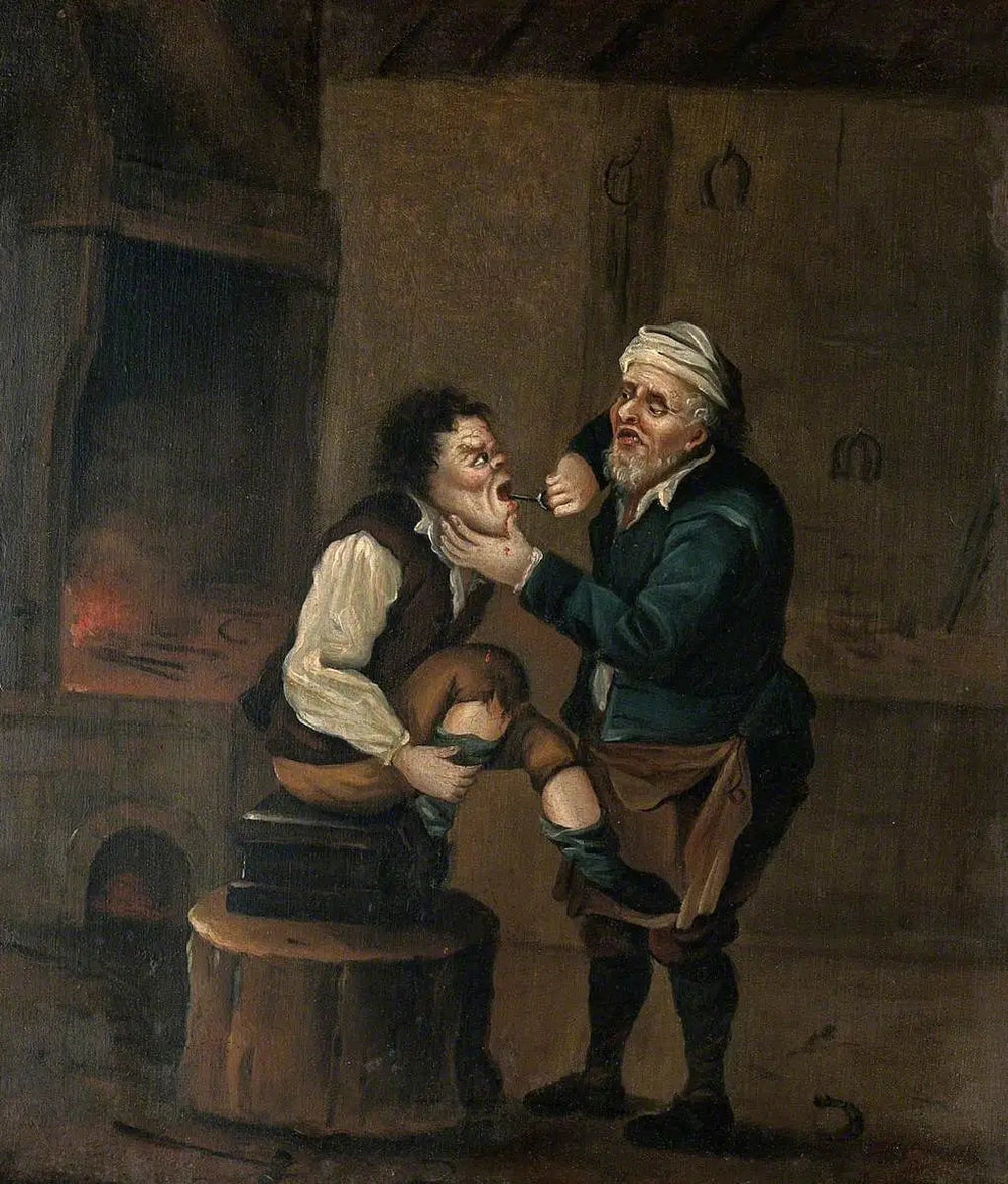 Un maréchal-ferrant extrait une dent de la bouche d'un homme - David Teniers le Jeune image 1 tableau peint à l’huile sur toile