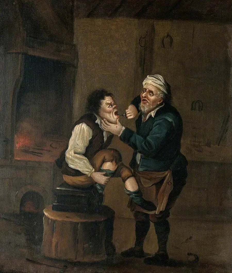 En hovslagare drar ut en tand ur munnen på en man - David Teniers den yngre