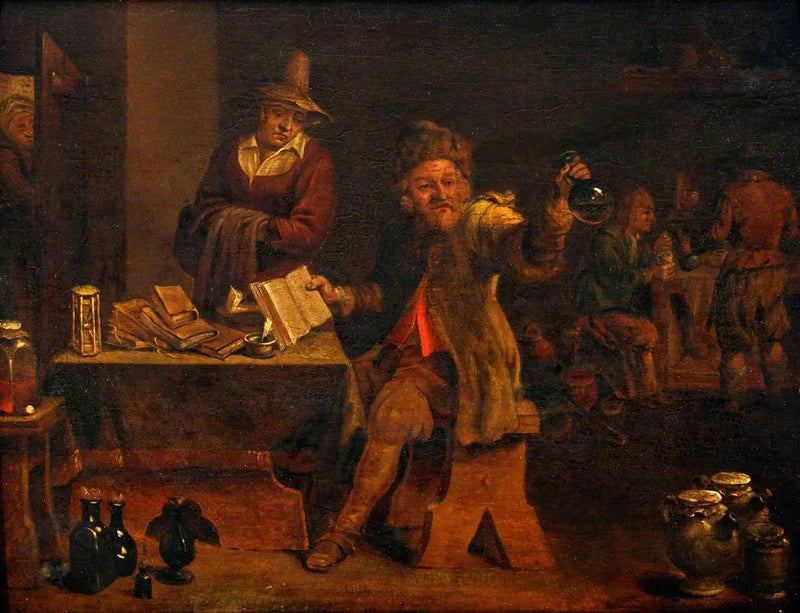 En läkare undersöker urinen som lämnas av en patient - David Teniers den yngre