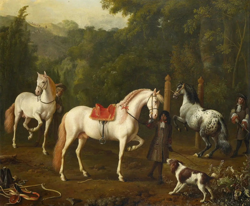 En stallpojke hjälper en ridlärare i ridhuset - Melchior de Hondecoeter