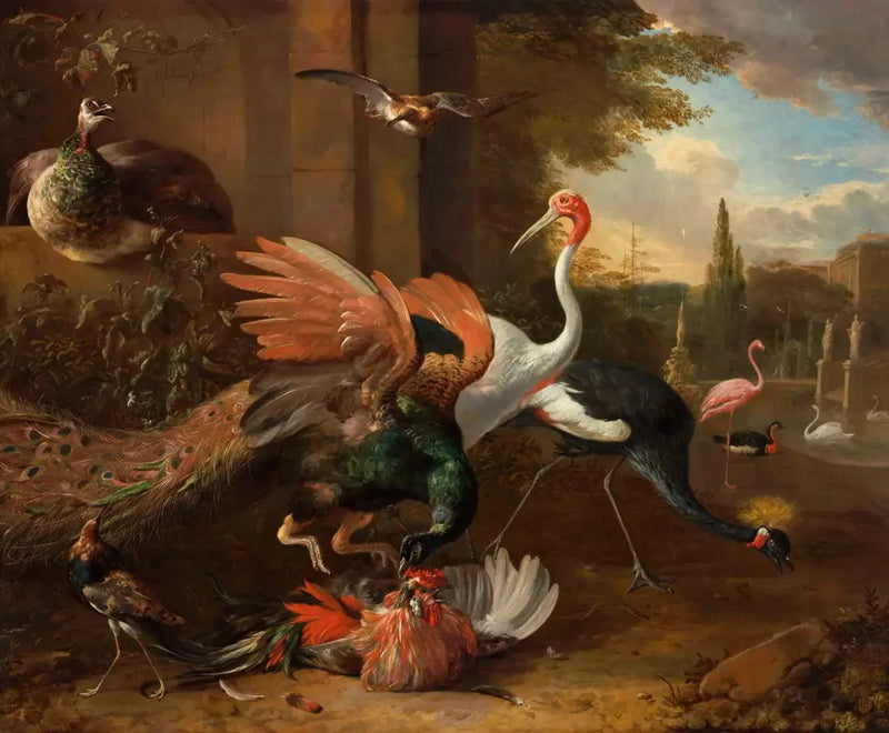 En påfågel som attackerar en höna - Melchior de Hondecoeter