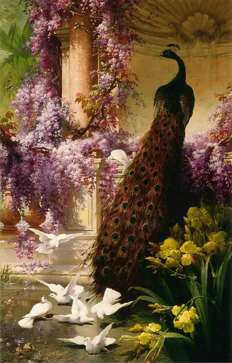 En påfågel och duvor i en trädgård - Eugène Bidau