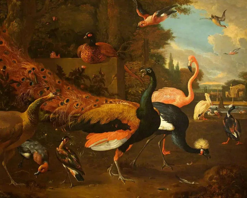 En påfågel och en påfågelhona med en stork, en flamingo, en pelikan och andra fåglar, i en park - Melchior de Hondecoeter