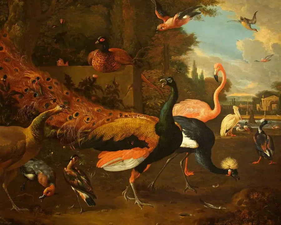 En påfågel och en påfågelhona med en stork, en flamingo, en pelikan och andra fåglar, i en park - Melchior de Hondecoeter