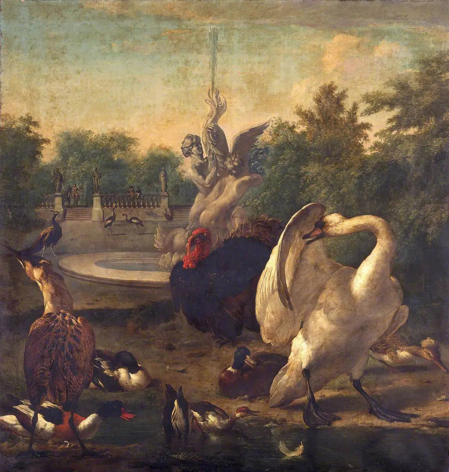 En park med en svan och andra fåglar - Melchior de Hondecoeter