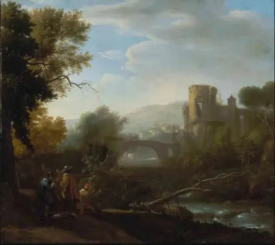 En landskap med Tivoli och Vestatemplet, jägare och en konstnär som tecknar i förgrunden - Claude Lorrain