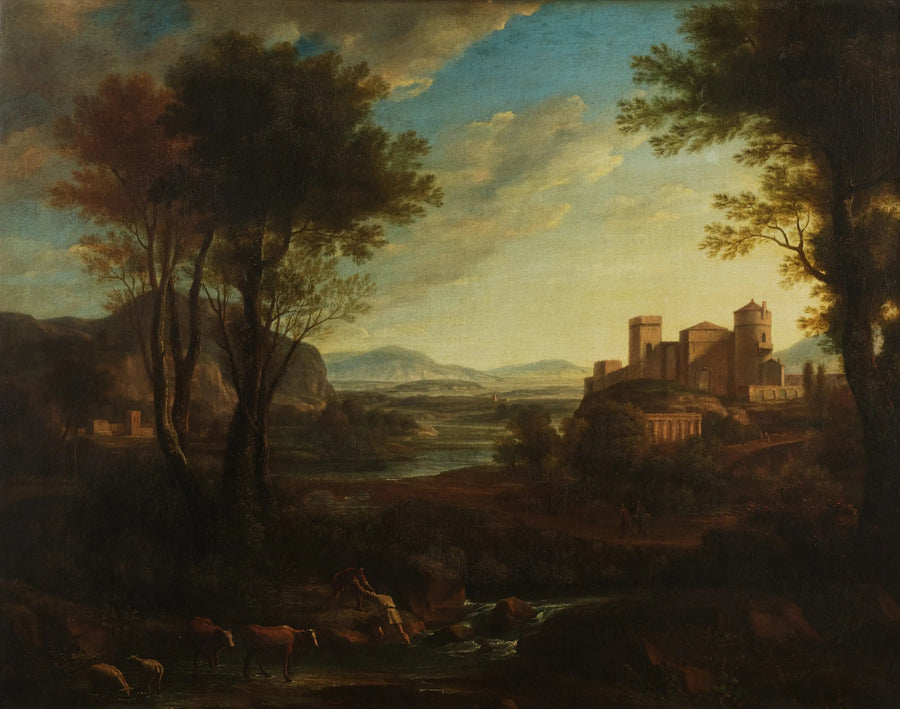 En klassisk landskap med figurer som korsar en bäck - Claude Lorrain