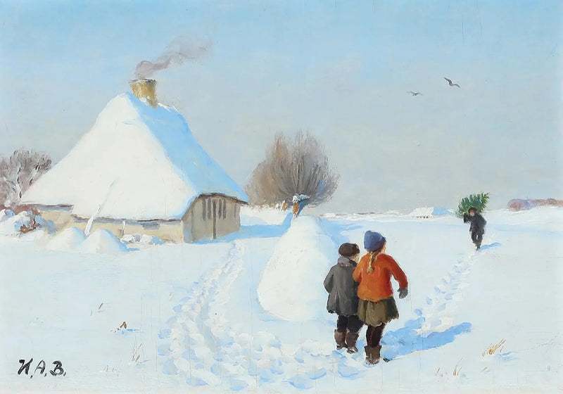 En snöig landskap med två barn i snön. - H. A. Brendekilde