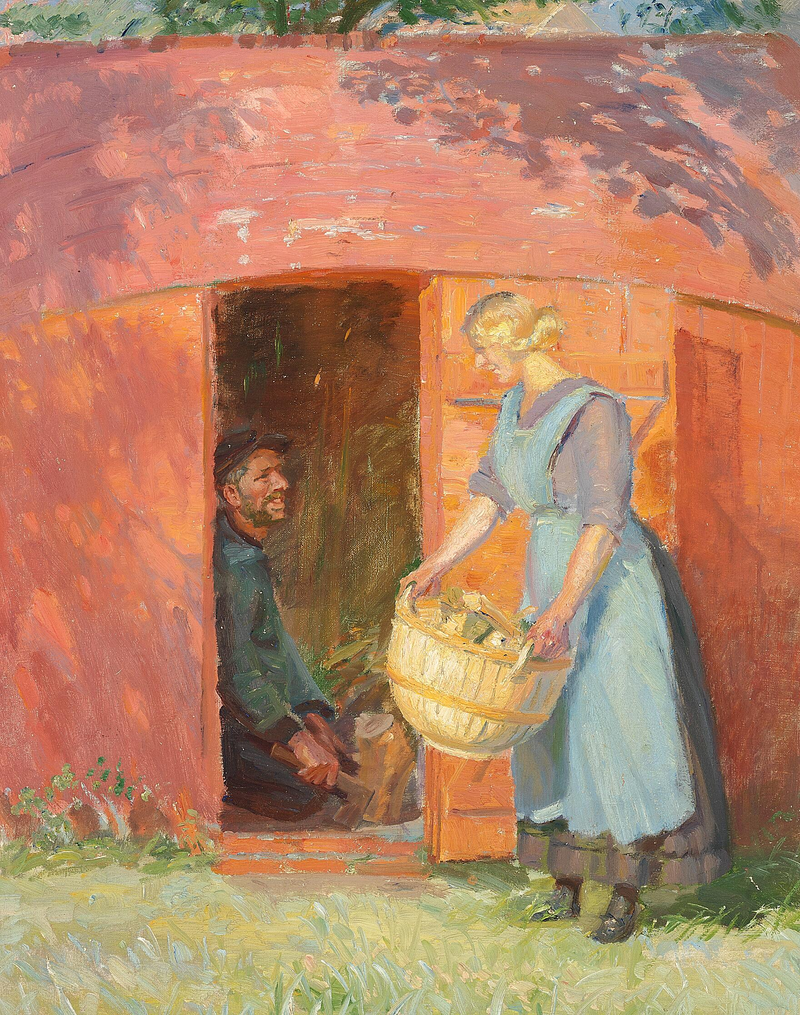 En fiskare från Skagen i en stuga byggd av en gammal båt, förför en ung kvinna. - Anna Ancher