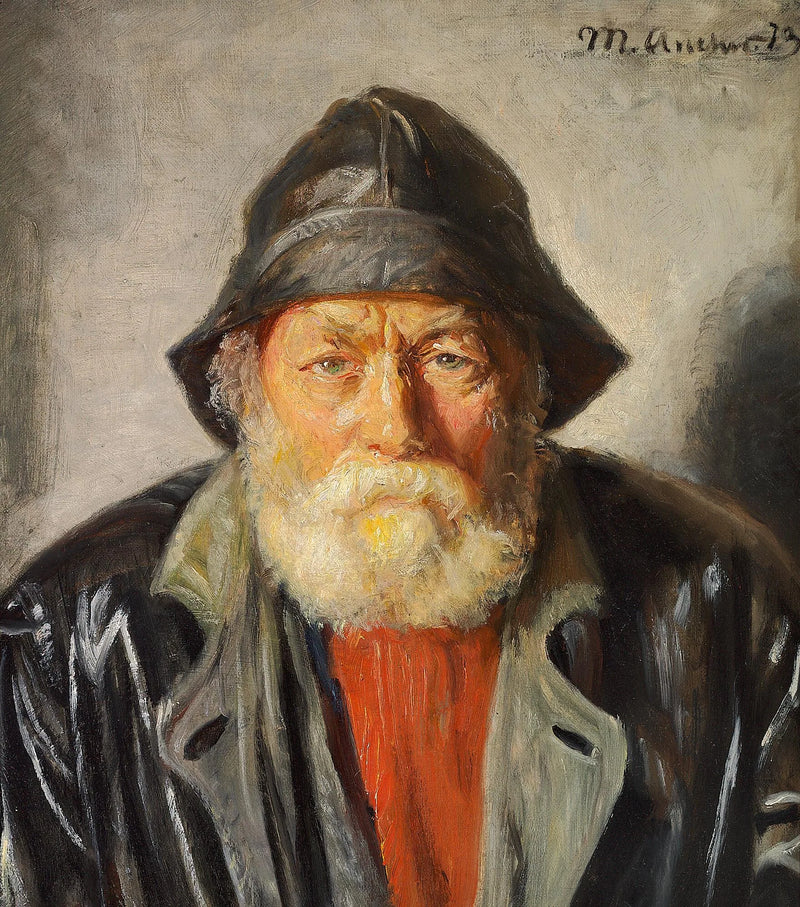 En fiskare som bär en gul regnjacka och en svart kappa, samt en röd tröja. - Michael Peter Ancher