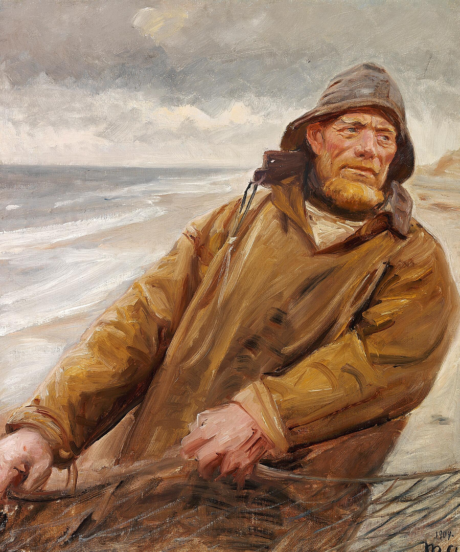 Un pêcheur remonte ses filets à Skagen. - Michael Peter Ancher