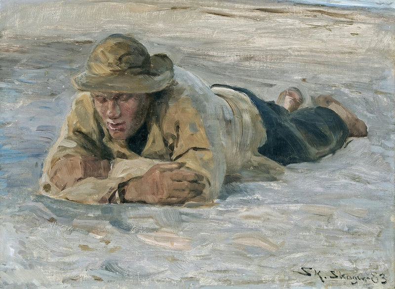 En fiskare som vilar i sanden, bröstet mot armarna - Peder Severin Krøyer