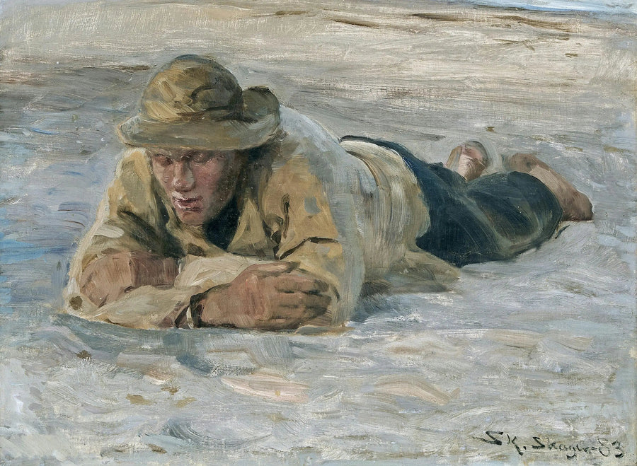 En fiskare som vilar i sanden, bröstet mot armarna - Peder Severin Krøyer