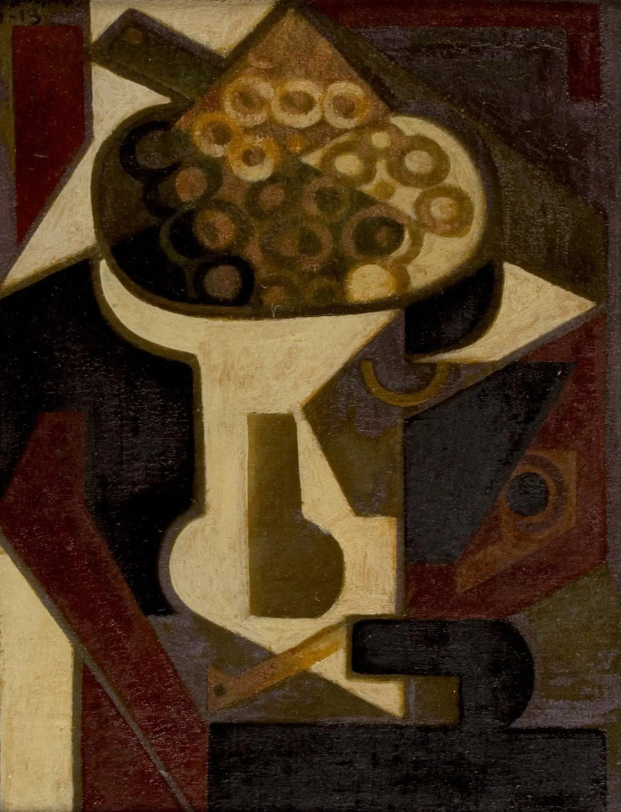 En skål med druvor och en pipa på ett bord - Juan Gris