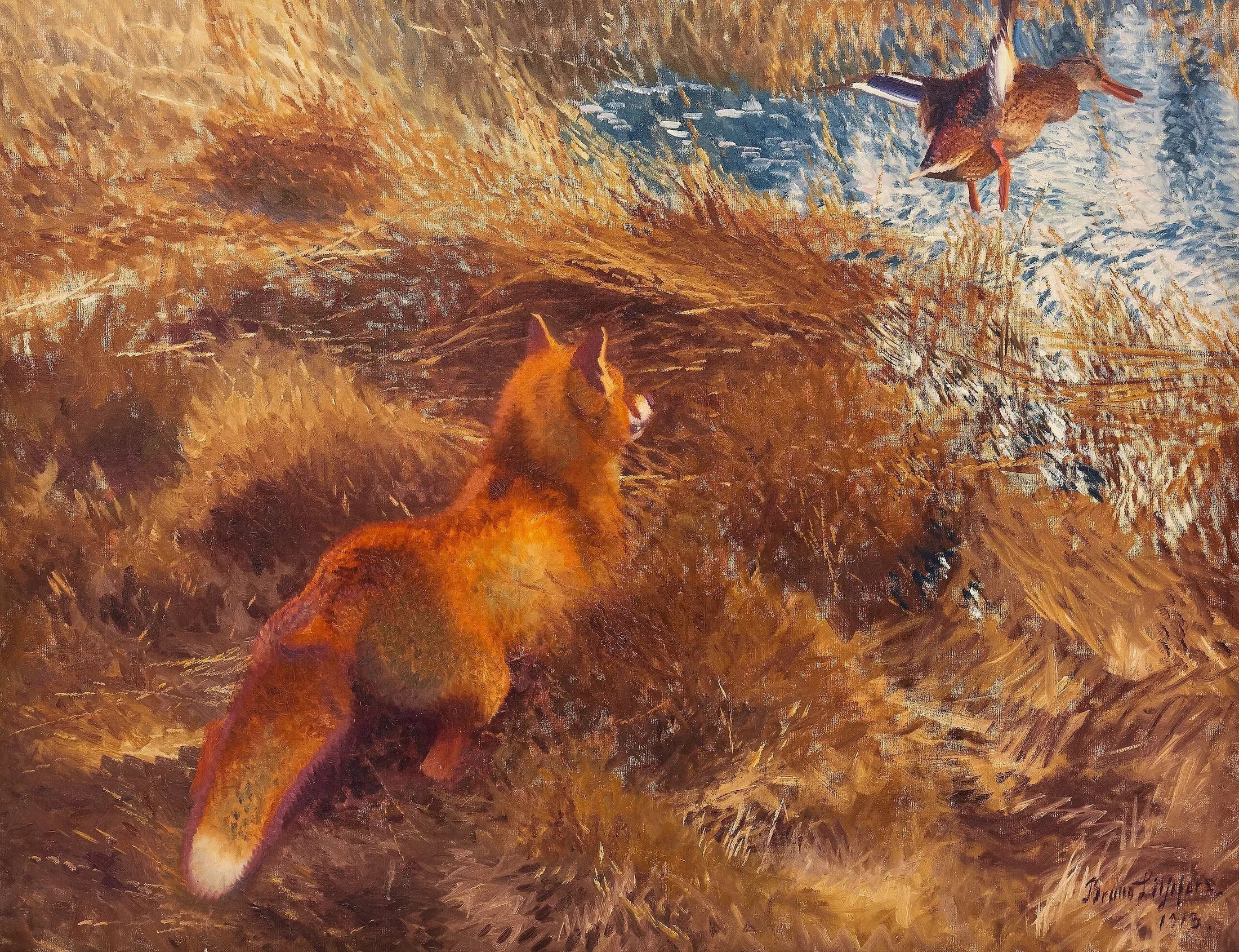 Un renard chassant un canard - Bruno Liljefors image 1 copie de tableau peinte à la main