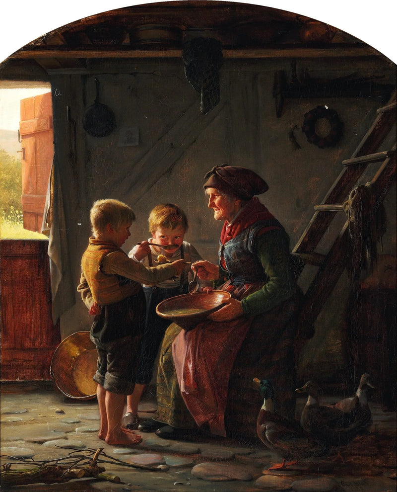 En måltid. Två pojkar och en mormor smakar på potatissoppan. - Carl Heinrich Bloch